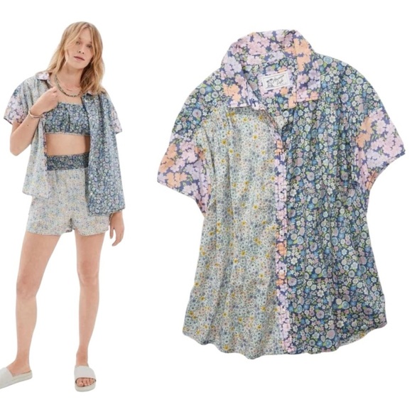 AE Oversized Resort Shirt Button Down Ditzy Floral Patchwork Pink Blue Size M - Picture 1 of 10
